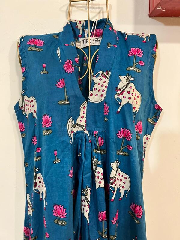 Charita's Everyday Sleeve Less Flare Dress - Turquoise & Pichwai Cows