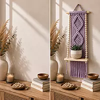 Lavender Macrame Diamond Wall Hanging with Wooden Shelf & Beads