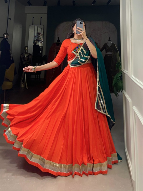"Orange Mirror Work Lehenga Choli with Green Dupatta" D.B.38