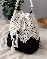 Black & White Macrame Bucket Bag with Tassels & Gold Hardware