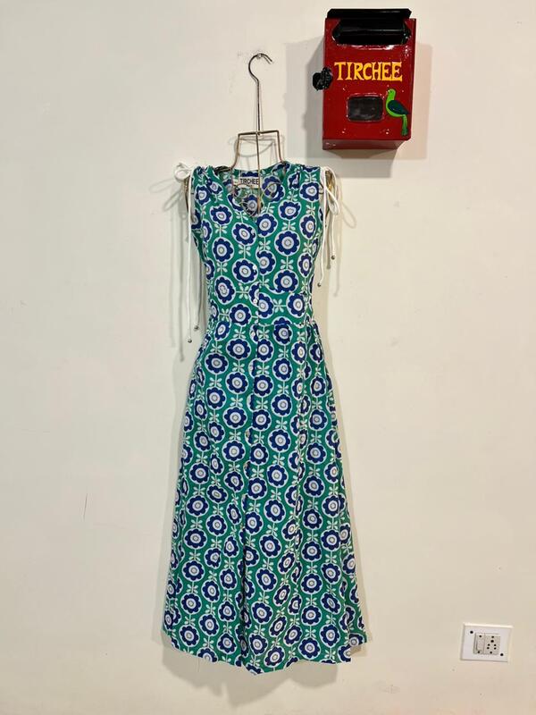 Leher's Sleeve-Less Fit & Flare Dress - Teal & Blue Flowers