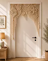 Natural Macrame Door Arch Valance with Geometric Medallions & Fringe
