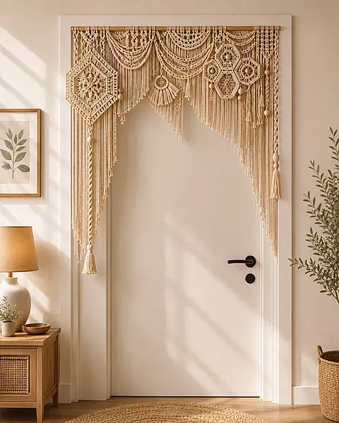 Natural Macrame Door Arch Valance with Geometric Medallions & Fringe
