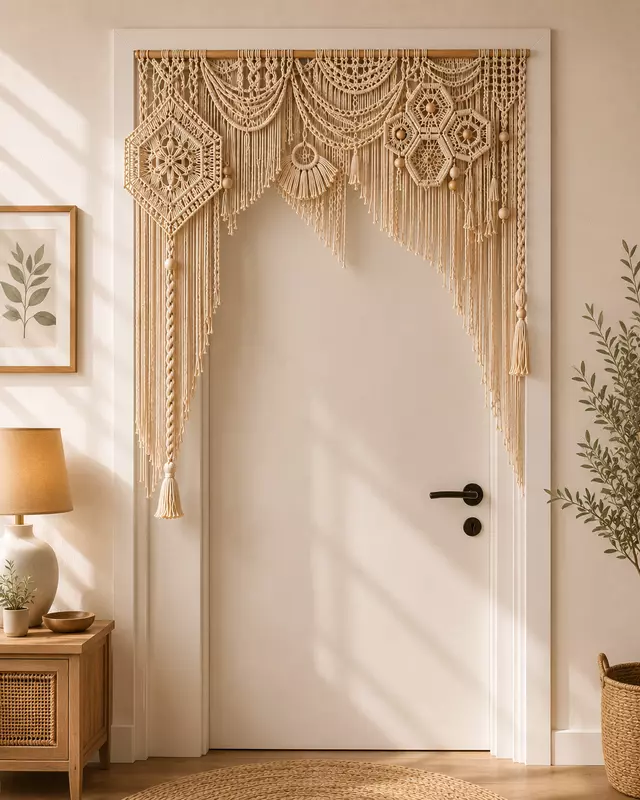 Natural Macrame Door Arch Valance with Geometric Medallions & Fringe