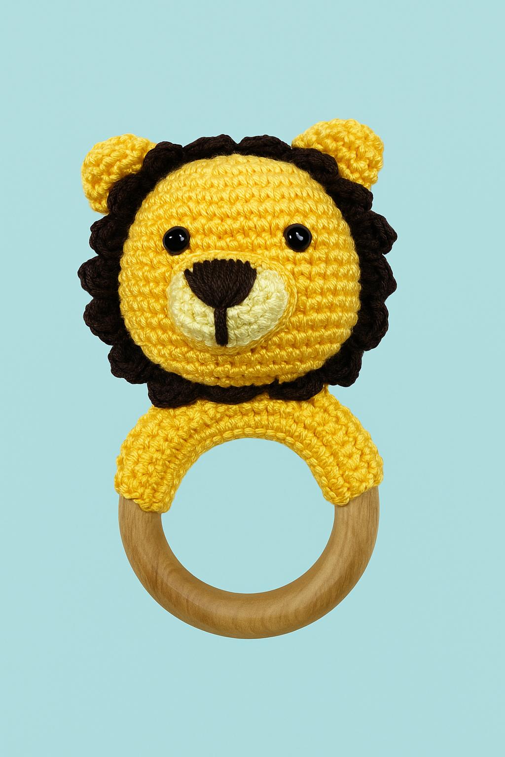 Leo the Lion – Wooden Crochet Baby Rattle