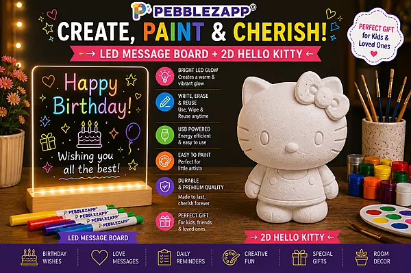 Pebblezapp LED Acrylic Writing Board with Light & 7 Pens | 8x8 with Reusable HelloKitty Statue