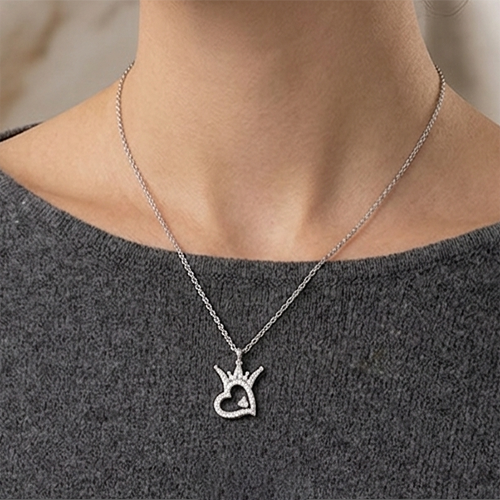 Silver Heart Crown Necklace - Sparkling Crystal Pendant