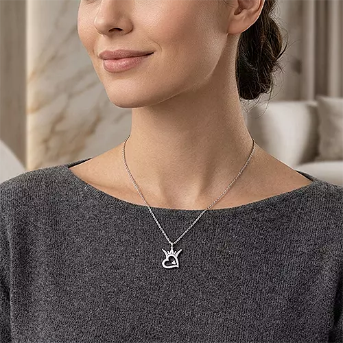 Silver Heart Crown Necklace - Sparkling Crystal Pendant
