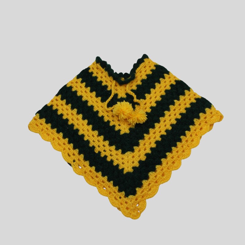 (6-12 Months) Baby Handknitted Woolen Poncho, Green and Yellow Striped