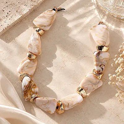 Ivoria Cream Marbled Geometric Gold-Tone Statement Necklace