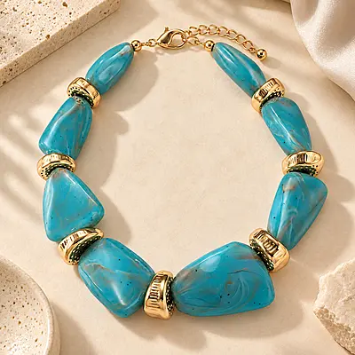 Azuria Teal Marbled Geometric Gold-Tone Statement Necklace