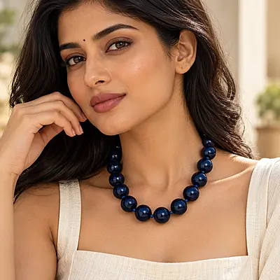 Noctis Navy Round Beaded Statement Necklace