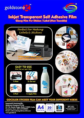 Self Adhesive Inkjet transparent/clear Film sticker/label - A4 Size (210mm X 297mm) 20 Sheet