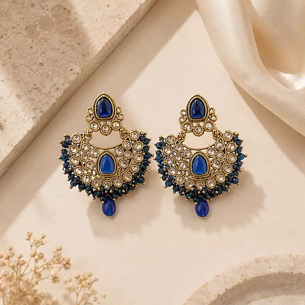 Nilarika Royal Blue Bead Gold-Tone Chandbali Earrings
