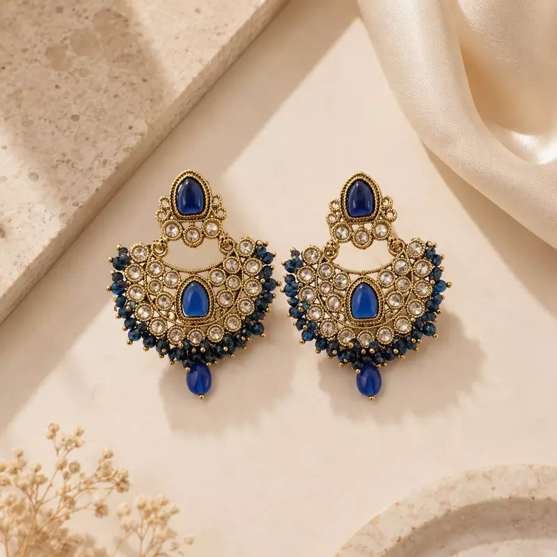 Nilarika Royal Blue Bead Gold-Tone Chandbali Earrings