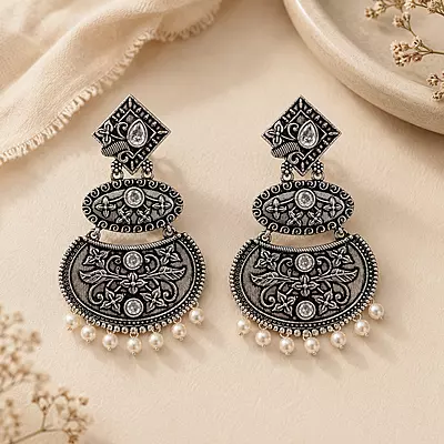 Taralika Clear Stone Pearl Oxidised Chandbali Earrings