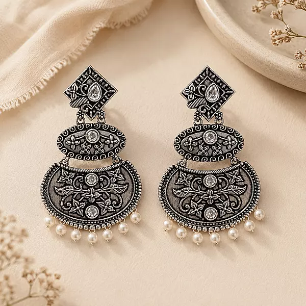 Taralika Clear Stone Pearl Oxidised Chandbali Earrings