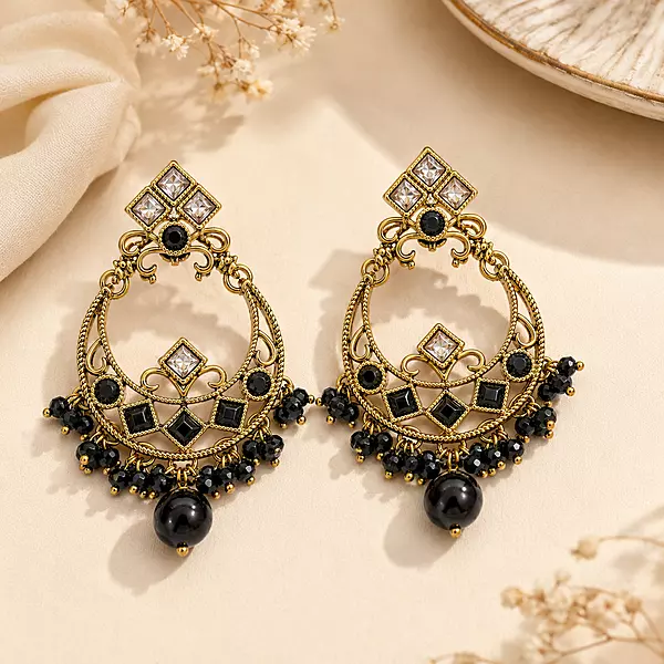 Nishika Black Bead Gold-Tone Chandbali Earrings