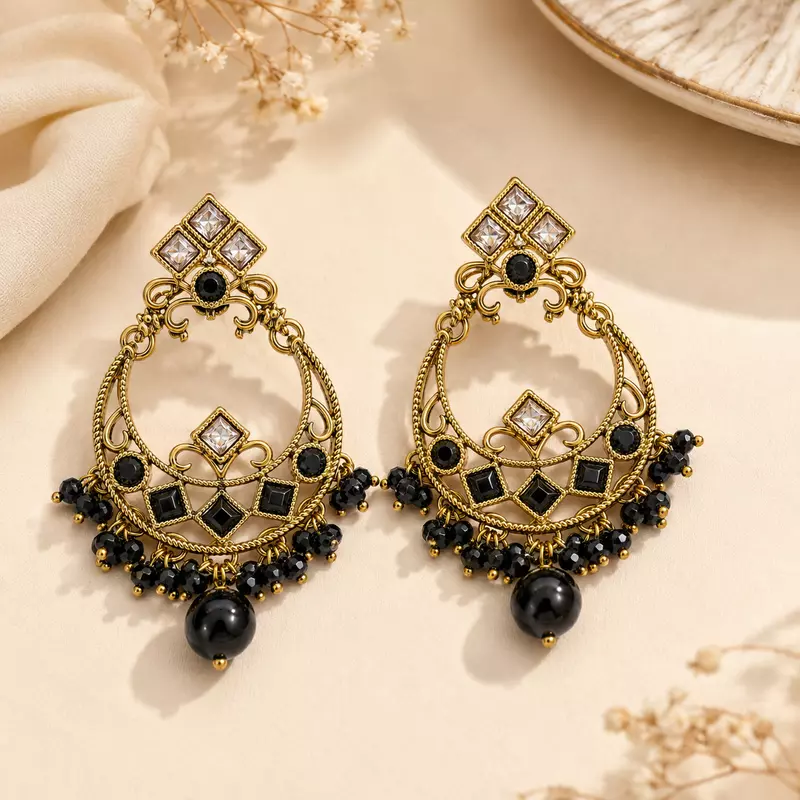 Nishika Black Bead Gold-Tone Chandbali Earrings