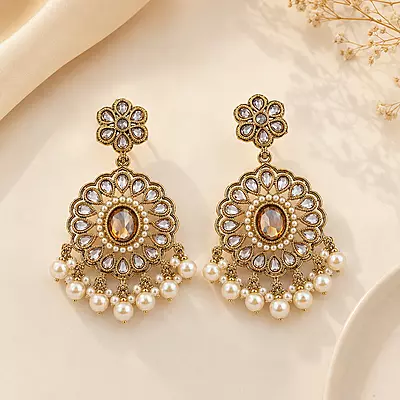 Pravisha Champagne Stone Pearl Floral Medallion Earrings