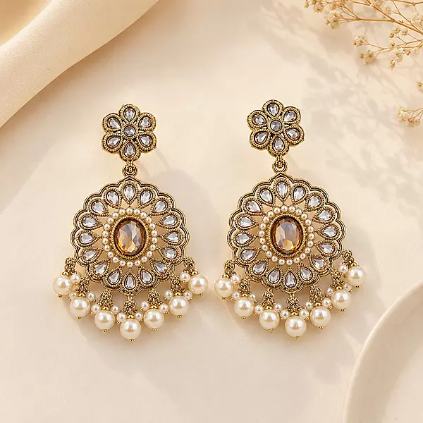 Pravisha Champagne Stone Pearl Floral Medallion Earrings