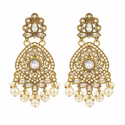 Mrinalika Pearl and Clear Stone Gold-Tone Teardrop Earrings
