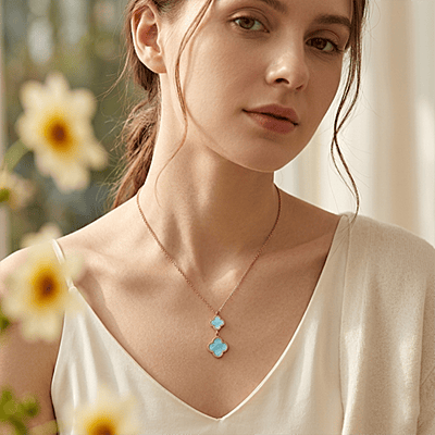 Elegant Rose Gold & Blue Clover Pendant Necklace