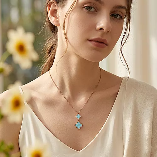 Elegant Rose Gold & Blue Clover Pendant Necklace