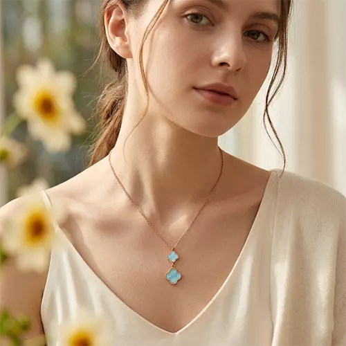 Elegant Rose Gold & Blue Clover Pendant Necklace