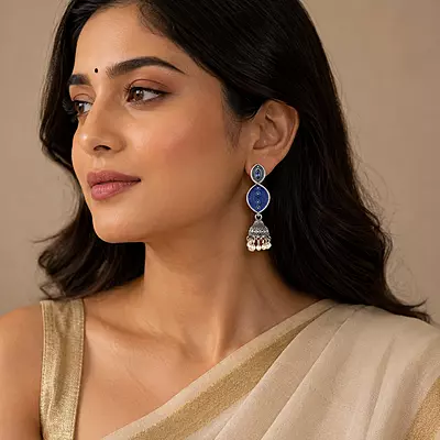Neelvaani Cobalt Enamel Oxidised Jhumka Earrings