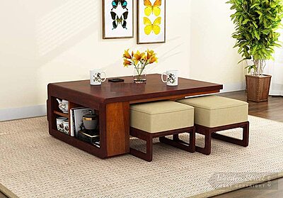 Vikinterio Solid Sheesham Wood Coffee Table with 4 Stool