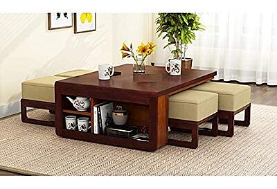 Vikinterio Solid Sheesham Wood Coffee Table with 4 Stool