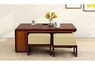 Vikinterio Solid Sheesham Wood Coffee Table with 4 Stool