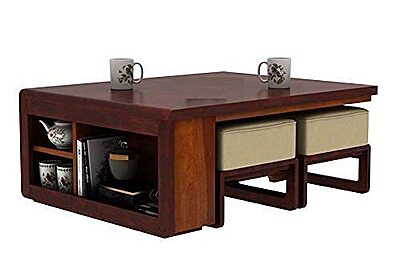 Vikinterio Solid Sheesham Wood Coffee Table with 4 Stool