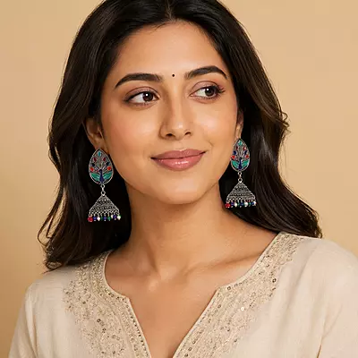Neelmayur Multicolour Enamel Oxidised Jhumka Earrings