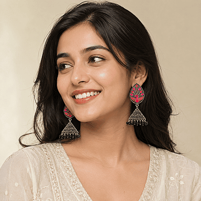 Rangrez Peacock Enamel Oxidised Jhumka Earrings