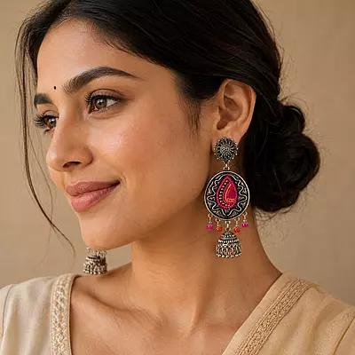 Rangrekha Magenta and Orange Beaded Oxidised Jhumka Earrings