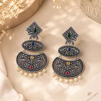 Varnika Multicolour Stone Pearl Oxidised Chandbali Earrings