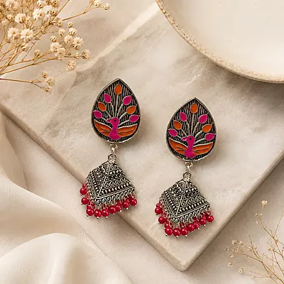 Gulnaar Peacock Enamel Oxidised Jhumka Earrings
