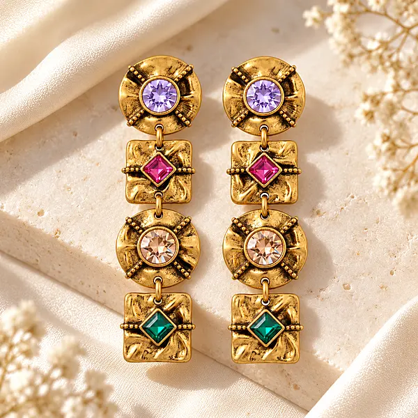 Aurexis Multicolour Antique Gold Geometric Drop Earrings