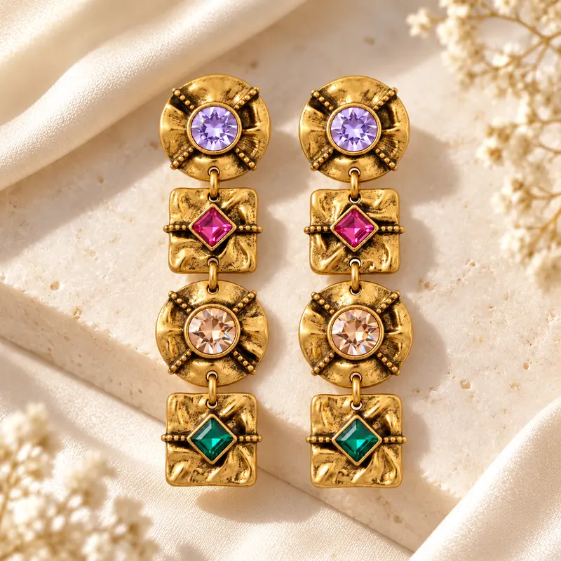 Aurexis Multicolour Antique Gold Geometric Drop Earrings