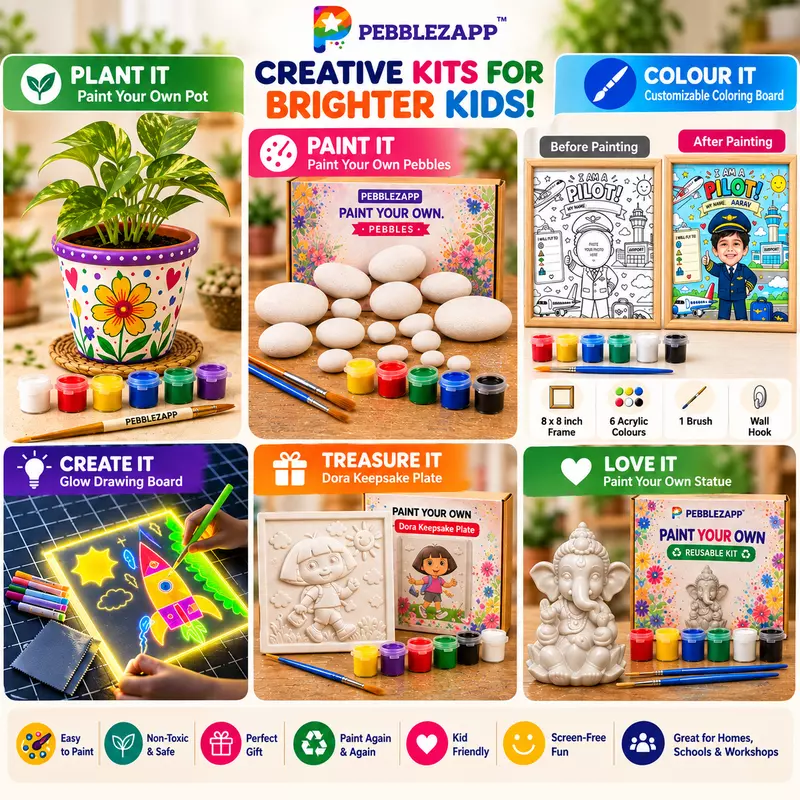 Festival Combo - Pot , Pebble , Color Frame, Led board, Ganesha and Dora keep sake Reusable statues