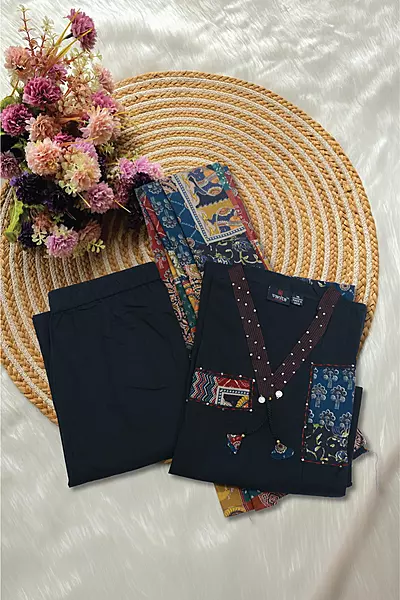 Black Printed Kurta Pant and Dupatta Set