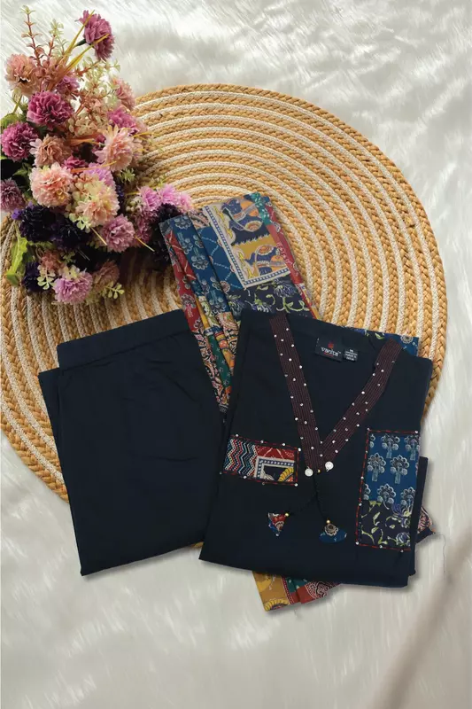 Black Printed Kurta Pant and Dupatta Set