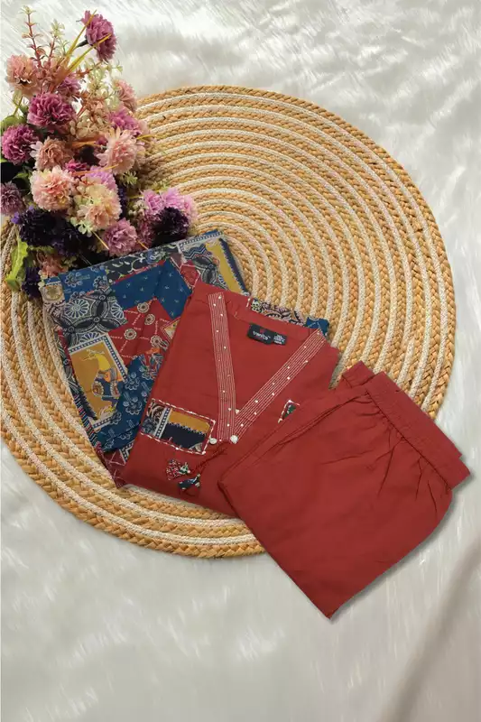 Rust Red Printed Kurta Pant and Dupatta Set