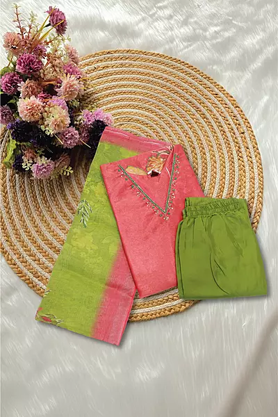 Coral Pink Kurta Green Pant and Dupatta Set