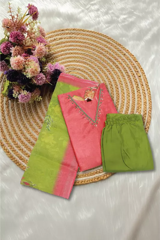 Coral Pink Kurta Green Pant and Dupatta Set