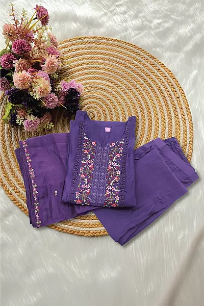Purple Embroidered Kurta Pant and Dupatta Set