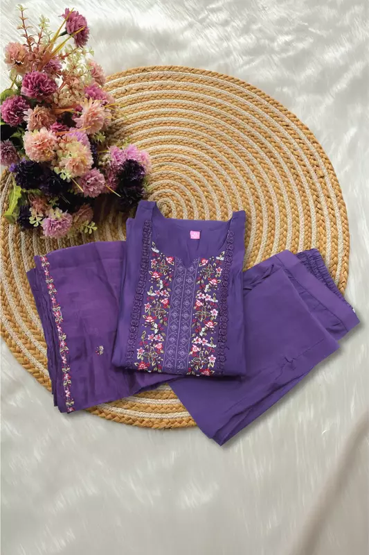 Purple Embroidered Kurta Pant and Dupatta Set