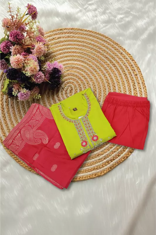 Lime Green Embroidered Kurta Red Pant Set